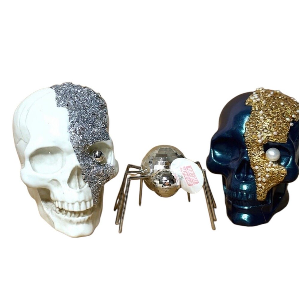 Set of 3 Bling Glitter Halloween Decorative Skulls & Disco Spider Bullseye NEW